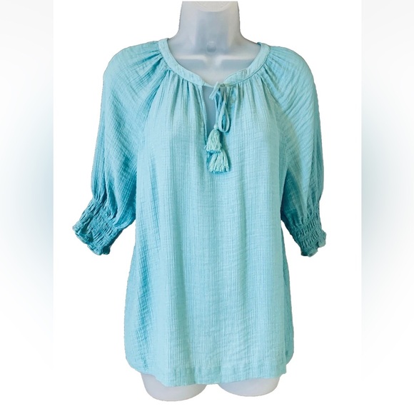 Ann Taylor Women's Size S Gauze Tie Neck Smocked Sleeve Top Blouse Oyster Blue - Picture 2 of 12